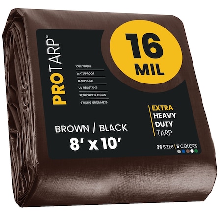 Protarp Heavy Duty Tarp, 8 ft x 10 ft, 16 Mil, Brown/Black, Polyethylene, Waterproof, Rip and Tear Proof PT-102-8X10